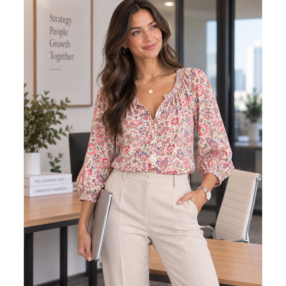Chaps Womens Size Large Floral Peasant Blouse 3/4 Sleeve Cottagecore Lightweight